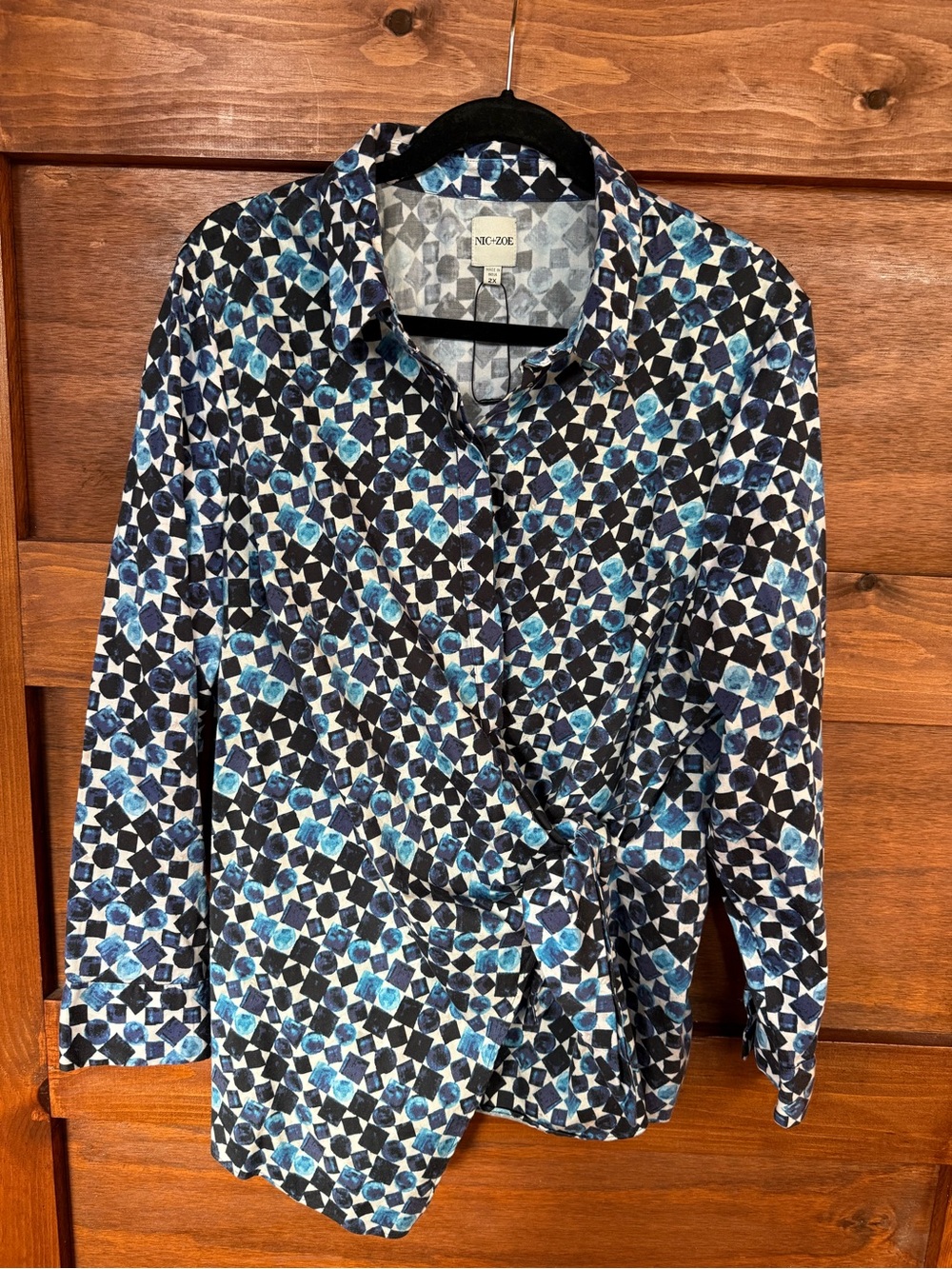 NIC+ZOE Blue and Black Geometric Wrap Blazer